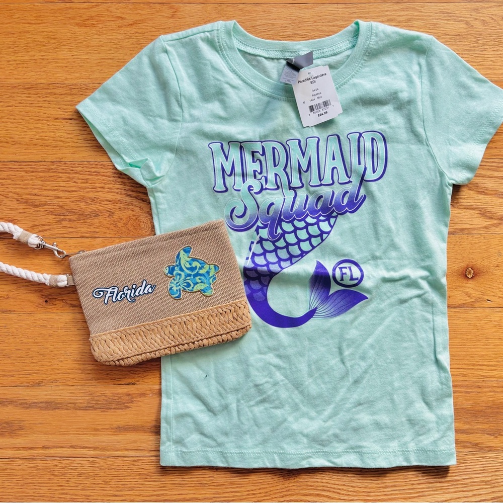 Florida Mermaid Squad T-Shirt & Turtle Straw Burlap Clutch Bundle - NWT